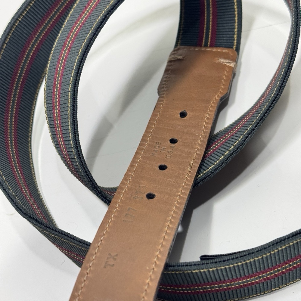 Trafalgar Green Striped Canvas Belt with Leather Tabs USA Mens 36 Brass Buckle - Picture 5 of 9